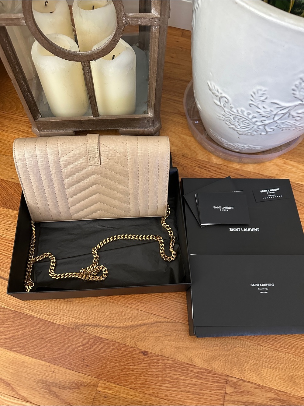 Yves Saint Laurent Beige Quilted Leather Envelope Chain Wallet - Picture 2 of 13